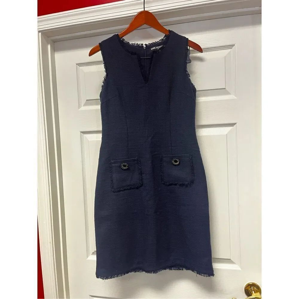 Karl Lagerfeld Navy Tweed Raw Edge Sleeveless Dress sz 4 EUC